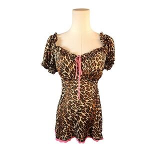 Betsey Johnson Intimates Leopard Print Ruffle Babydoll Dress XS Pink Lace Trim